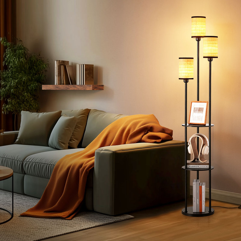 Ebern Designs 70'' Tray Table Floor Lamp With 3 Rattan Shade | Wayfair